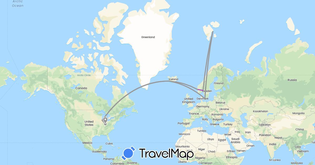 TravelMap itinerary: driving, plane, train in Denmark, Iceland, Norway, United States (Europe, North America)